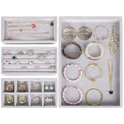 Bild av Belle Vous Staplingsbara Smyckesförvaring Organisatör Låda i Grå Sammet (4 Pack) 35,3 x 24,2 cm Uppvisningslåda Borttagbara Delar för Halsband, Ringar, Armband &amp; Örhängen