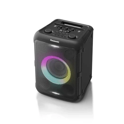 Bild av Panasonic SC BMAX5E K Bärbar festhögtalare med Bluetooth, inbyggda lampor, 75 W, USB, optisk ingång för TV, gitarr och mikrofon ingångar karaoke, svart