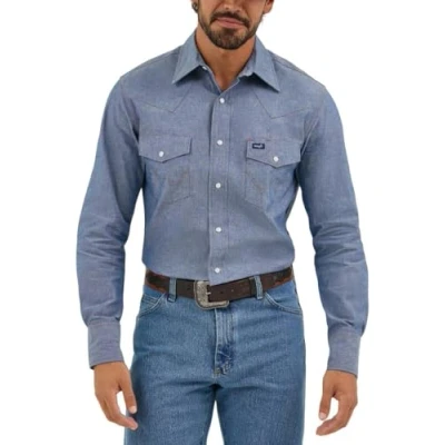Bild av All Terrain Gear by Wrangler Västerländsk långärmad skjorta med snäppstängning, solid finish för knapp ner, matt herr, Chambray Medium Blue., L lång
