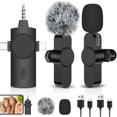 Bild av LIUWID 3 i 1 trådlös mikrofon för kamera, iOS telefon, Android och bärbar dator, Lavalier plug play mini med intelligent brusreducering (svart)