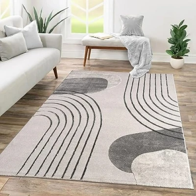 Bild av Matta Med Kort Stapel För Vardagsrum Sovrum Hall Abstrakt 3D Geometrisk, Färg:Grå Grädde, Storlek:240x340 cm