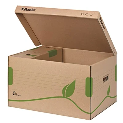 Bild av Esselte Eco arkivbehållare med topplock, perfekt för A4 arkivboxar, 5 x 80 mm/4 100 mm, transportlåda, 100% återvunnen och återvinningsbar wellpapp, naturbrun, 623918