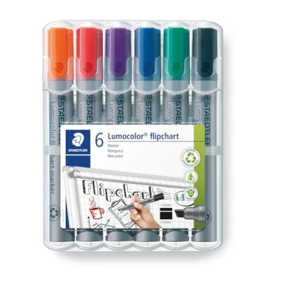 Bild av Staedtler Lumocolor 356 B WP6 Flipchart Marker, Keilspitze ca. 2 oder 5 mm Linienbreite, Set mit 6 Farben, ideal für Blöcke, farbintensiv, geruchsarm, hohe Qualität, Mehrfarbig, 6er etui
