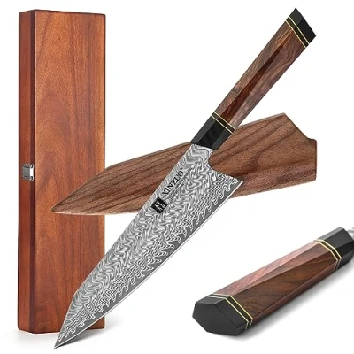 Bild av XINZUO Damaskustål 21.5 cm kockkniv, handsmidd Kiritsuke kockkniv Professionell japansk kökskniv ökenjärnvedhandtag med svart valnötmantel och akaciaträslåda