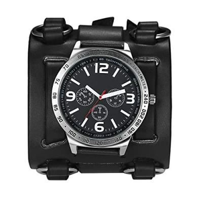 Bild av Avaner herr retro steampunk hiphop gotisk brun 74 mm bred läder manschett armband sportklocka kvinnor stor urtavla analog kvarts armbandsur, Svart, Antik armbandsur