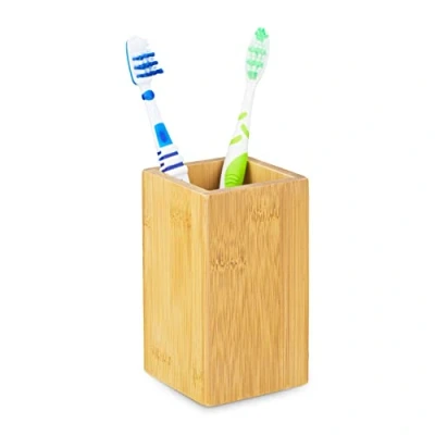Bild av Relaxdays tandborstkopp, kantig, naturlig design, badrumskran, bambu PU belagd, HBT 11 x 6,5 cm, natur, 1 st.
