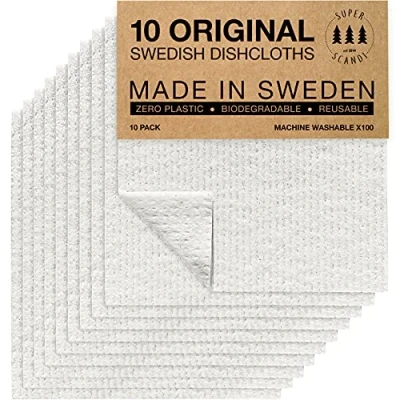 Bild av SUPERSCANDI 10 pack svenska disktrasor, miljövänliga, återanvändbara, hållbara, biologiskt nedbrytbara cellulosasvampdukar för köket, tvättdukar, ersättning hushållspapper (10 vita)