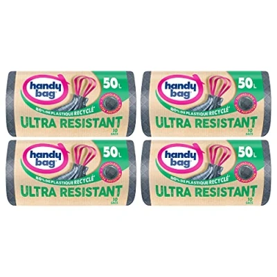 Bild av Handy Bag Praktisk länk sopsäckar Ultra Resistent 50 L x 10 påsar Läckagesäker botten Maximal tätning fäst på toppen av påsen 100% återvunnen plast 4 pack