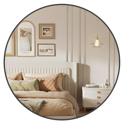 Bild av Songmics väggspegel, rund spegel, Ø 76 cm badrumsspegel, metallram, enkel installation, modern, för badrum, vardagsrum, sovrum, hall, entré, bläcksvart LWM103B01