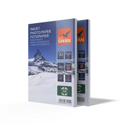 Bild av BLUE SWAN 10x15 cm, 260 g/m², Glansigt Bläckstråle Fotopapper, 100 Ark (2 Förpackningar à 50), Enkelbelagd, Snabbtorkande, Vattenresistent, Reptåligt, Hög Färgbriljans