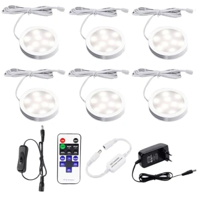 Bild av AIBOO Inbyggbar belysning kök LED 6 kompletta set, infälld med fjärrkontroll, kökslampor vitrinbelysning naturlig vit 4000 K, lampa set inklusive alla tillbehör