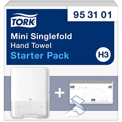 Bild av Tork Mini Starter Pack enkelvikta handdukar 953101, Image Design H3 pappersdispenser i Elevation + påfyllning av handdukspapper (250 ark) smal, hygienisk, vit