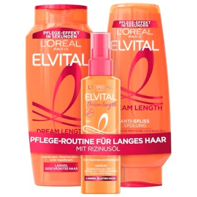Bild av L&#039;Oréal Paris Elvital Dream längd Set: Shampoo 300 ml, balsam 250 ml &amp; värmeskyddsspray 150 mot kluvna toppar, med ricinolja, vitaminer och proteiner