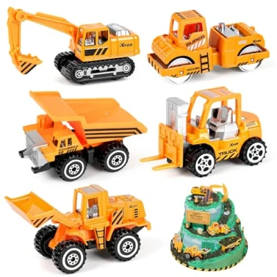 Bild av Sanlebi Diecast Byggfordon Leksak Mini Engineering Grävmaskiner Truckmodell Set Födelsedagstårta Dekoration för Barn 3 år (5PCS)
