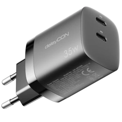 Bild av deleyCON Laddare USB C (2 Portar 35 W Snabbladdning) Strömadapter för iPhone 16/15/14/13/12/11 iPad Galaxy S24/S23 Pixel PD 3.0 Mobiltelefoner Svart