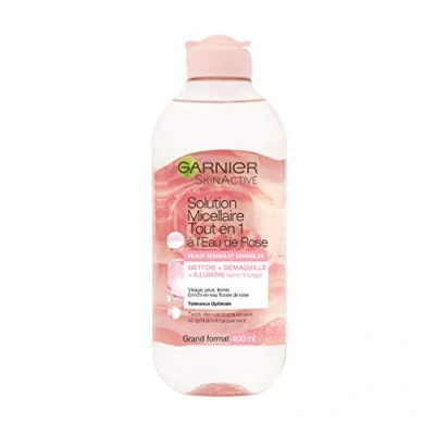 Bild av GARNIER Skin Active allt i 1 micellär lösning ren, tar bort smink och återupplivar glans micellar rosenvatten vegansk grym fri ansikte, ögon, läppar tråkig känslig hud 400 ml