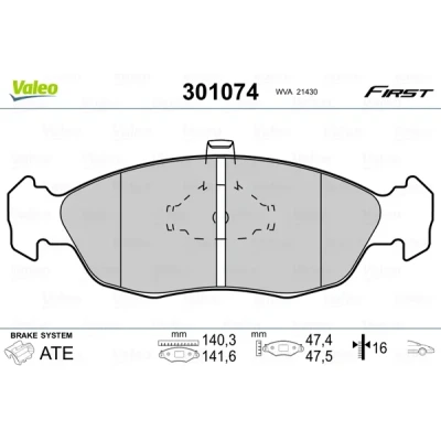 Bild av VALEO 301074 Jeu de plaquettes frein FIRST Essieu avant contact signal d&#039;usure exclu sans tôle anti bruit PEUGEOT: 306 3/5 portes, Berline