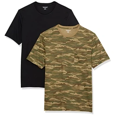 Bild av Amazon Essentials herr normal passform kortärmad rund hals ficka t shirt, paket med 2, svart/kamouflagetryck, X Large