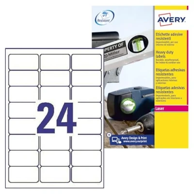 Bild av AVERY Zweckform L4773 8 Väderbeständiga filmetiketter (63,5 x 33,9 mm på A4, extremt stark självhäftande, vattentät, tryckbar utomhus självhäftande folie) 192 klistermärken ark vit