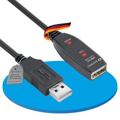 Bild av Sonero® USB 2.0 kabel, aktiv förlängningskabel med signalförstärkare, datakabel, A kontakt till uttag, 480 Mbit/s, 10,0 m, svart