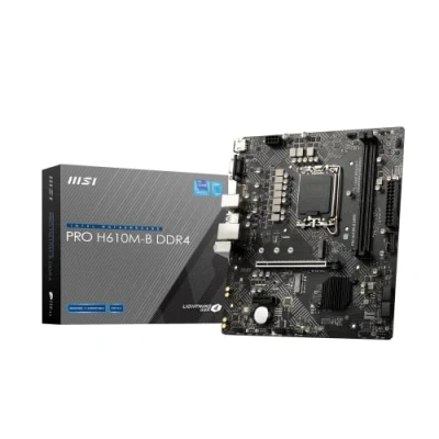 Bild av MSI PRO H610M B DDR4 moderkort, mikro ATX stöder Intel Core processorer 12. generationen, LGA 1700, 2 x DIMM (3 200 MHz), 1 PCIe 4.0 16 plats, M.2 Gen3, 1G LAN, HDMI 2.1 och VGA