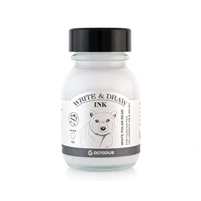 Bild av Octopus Write and Draw Ink 100 vit polarbjörn, vattentätt bläck för att skriva och rita, kalligrafibläck, ljusäkta ritbläck reservoarpennor, vitt, 50 ml