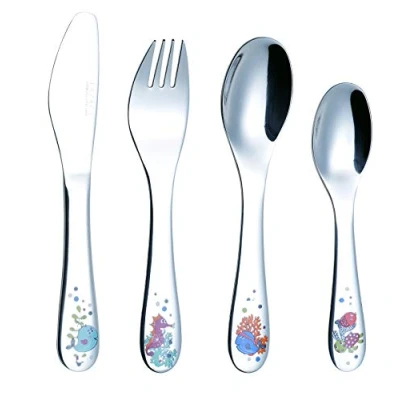 Bild av Exzact barnbestick 4st set i rostfritt stål/barnbestick/småbarnsbestick/bestick 1 x gaffel, säker middagskniv, middagssked, dessertsked med illustrationer