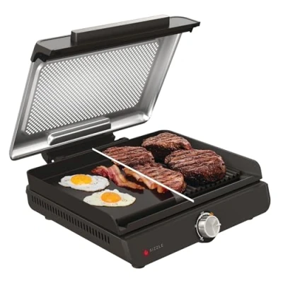 Bild av Ninja Sizzle Elektrisk Inomhusgrill &amp; Platt Tallrik med Non Stick Grillplatta Toppplatta, Avtagbart Lock som tål Diskmaskin, Fettfångare, Temperaturreglering Receptguide, Grå GR101EU