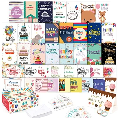 Bild av Paket med 40 grattis på födelsedagskort, designer Feela multipack och tomma kuvert, 48 stycken klistermärken 2 Washi tejp, 10 x 15 cm gratulationskort för kvinnor, män,