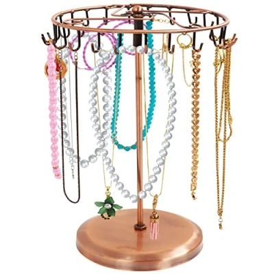 Bild av Belle Vous Kopparmetall Roterande Smyckeshållare Uppvisningsställ (23 Krokar) H34,8 x B20,5 cm Hängorganisatör Tornräcke Förvaring för Halsband &amp; Armband, Ringar Örhängen