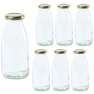 Bild av Vitrea 6 tomma glasflaskor 250 ml skruvlock guld mjölkflaskor, juiceflaskor, små flaskor att fylla med lock för mjölk, juice, smoothies, olja stycken, TO43, Hansa