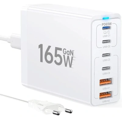 Bild av 165 W USB C laddare GaN, laddningsstation med 6 portar [4 + 2 A] PD laddare, flera kompatibla Samsung/Google/Xiaomi/Laptop/Tablet enheter Vit