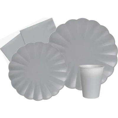 Bild av Party Tableware Set Flower Shape for 8 people (44 pcs: plates Ø23cm, Ø18cm, cups 200ml, 20 napkins 33x33cm) in eco friendly compostable paper, smoky grey