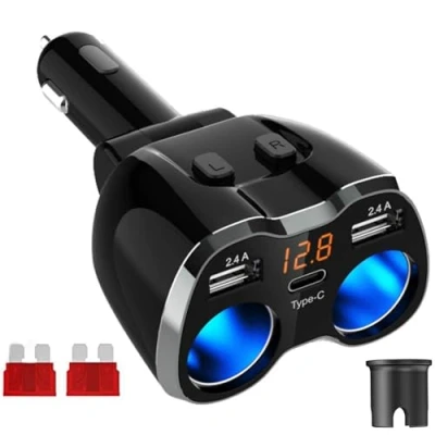Bild av GemCoo Billaddare cigarettändaradapter 120 W strömadapter tvåvägs brytare 12 V/24 V biluttag med dubbel 2,4 A USB adapter och typ C port för bil