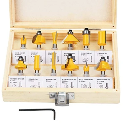 Bild av HSEAMALL 12 st 6,35 mm 1/4 tums skaft volframkarbid tippad router bit set med skiftnyckel