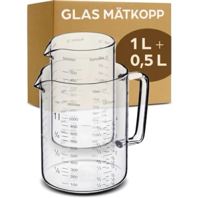 Bild av Glas Messbägare med Tappkanna 1L och 500ml Värmebeständig &amp; Mikrovågssäker Exakt Skala Perfekt för Bakning, Matlagning Blandning