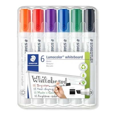 Bild av STAEDTLER Lumocolor Whiteboard Marker (Keilspitze ca. 2 oder 5 mm Linienbreite, Set mit 6 Farben, hohe Qualität, trocken und rückstandsfrei abwischbar von Whiteboards), 351 B W
