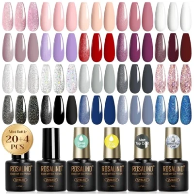 Bild av ROSALIND UV nagellack set, 20+4 delar gel med baslack &amp; topplack, matt glitter mini färggel för naglar lila röd grå svart blå nageldesign