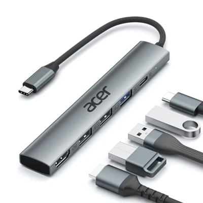 Bild av acer USB C Hub HDMI 4K, aluminium 5 i 1 multiport adapter med 3 x A portar, 100 W strömförsörjning, typ splitter kompatibel laptop, surfplatta, MacBook M3/M2, XPS, iPad Pro, etc