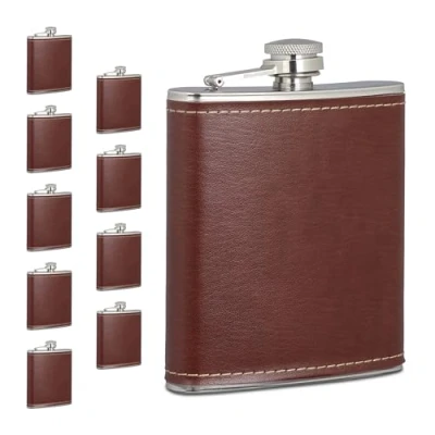 Bild av Relaxdays Set om 10, 200 ml, liten fickplunta i rostfritt stål med konstläderfodral, fickflaska, brun/silver