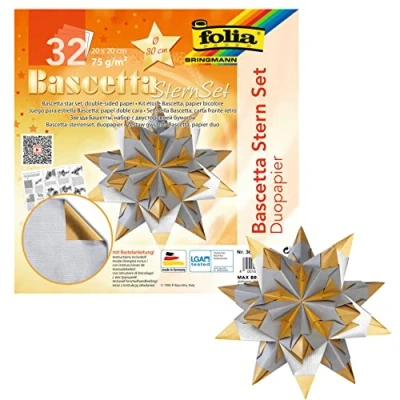Bild av folia 366/2020 pysselset Bascetta Star Duo silver/guld, 32 ark, 20 x cm, färdig storlek på pappersstjärnan ca 30 med detaljerade instruktioner perfekt för tidlös dekoration