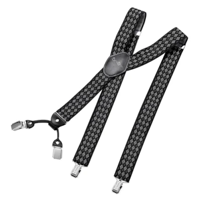 Bild av DonDon breda hängslen 3,5 cm 4 clips med läder i Y form elastisk och längdjusterbar Randig svart grå vit