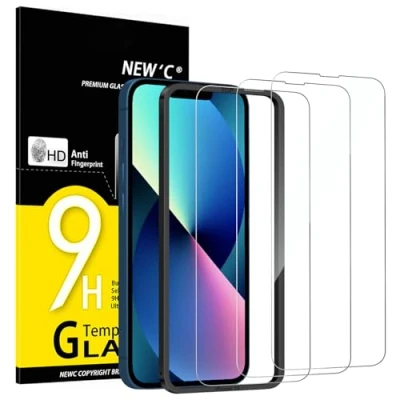Bild av NEW&#039;C 3 Pack, skärmskydd i glas för iPhone 14, 13, 13 Pro (6,1 tum), bubbelfri, 9H hårdhet, 0,33 mm ultratransparent, ultrabeständigt härdat glas, Enkel installationsverktyg inkluderat