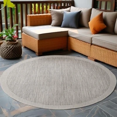 Bild av Carpetsale24 Utomhusmatta Väderbeständig Slätvävd Kök Matta Balkong Trädgård Uteplats Grått 200 cm Runda