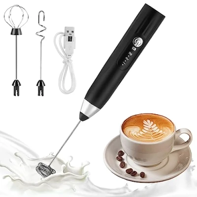 Bild av Vinsamhet mjölkskummare elektrisk USB stav med 3 huvuden, visp justerbara hastigheter rostfritt stål för kaffe latte macha cappuccino ägg slå