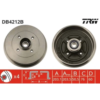 Bild av TRW DB4212B Tambours De Frein avec roulement, sans bague ABS RENAULT: Kangoo I Express, I, II NISSAN: Kubistar Van