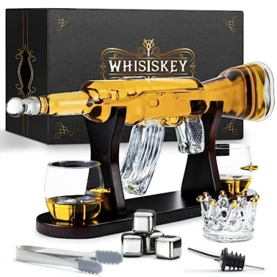 Bild av Whisiskey Whiskykaraff, gevär, karaff, whiskykaraff set, 1 000 ml, presenter till män, inkl. 2 whiskyglas, 4 whiskystenar och hällpip