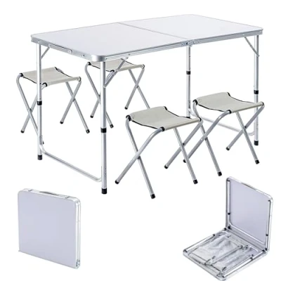 Bild av KADAX Campingmöbelset, campingbord med fällstolar, fällbord 4 fåtöljer, höjdjusterbart sittset, vikbord, multifunktionellt bord för camping (silver vit)