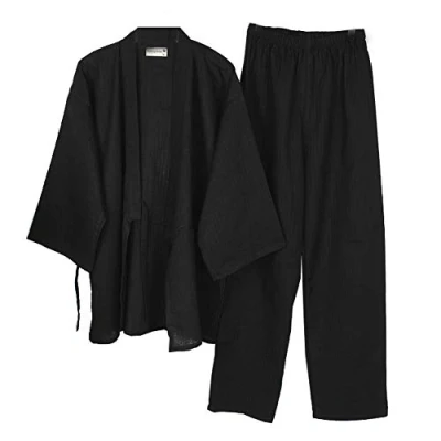 Bild av Japansk kimono i bomull, hanfu, antik pyjamas, kostym, plusstorlek, taoist kläder, zen Svart, L