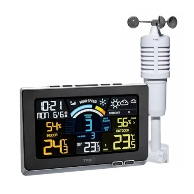 Bild av TFA Dostmann Spring Breeze Trådlös väderstation, 35.1140.01, med vindmätare, lufttryck, färgdisplay, väderprognos larmgränser/symboler, svart